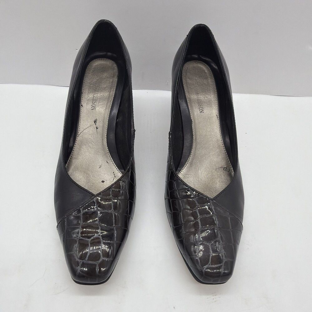 Ros Hommerson Black Patent Croc Embossed Pumps Womens 6.5M Low Block Heel